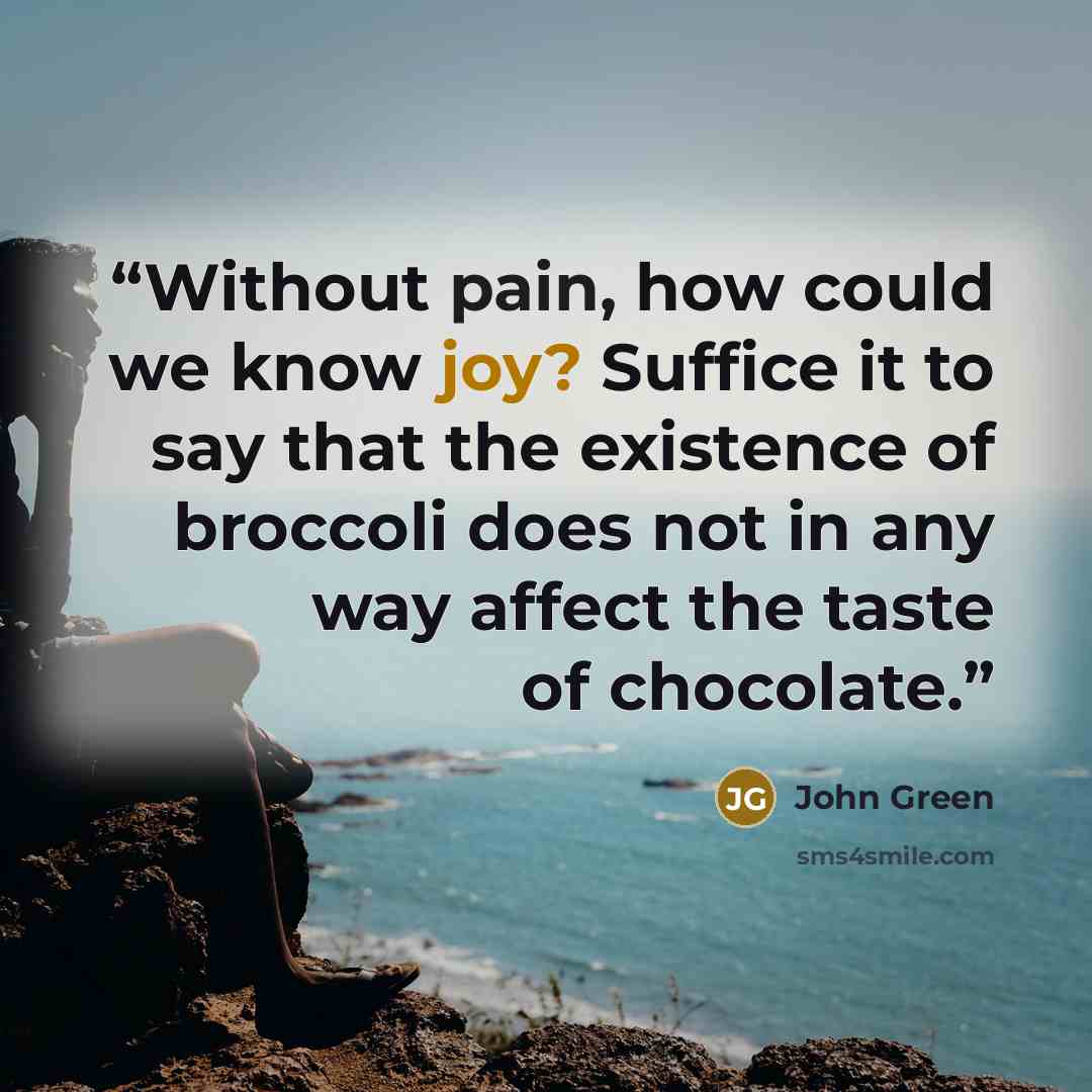 “Without pain, how could we know joy? Suffice it to say that the existence of broccoli does not in any way affect the taste of chocolate.” quote by John Green