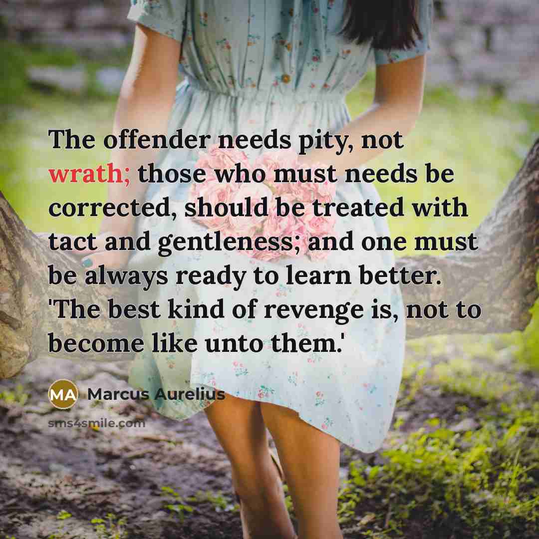 “The offender needs pity, not wrath; those who must needs be corrected, should be treated with tact and gentleness; and one must be always ready to learn better. 'The best kind of revenge is, not to become like unto them.'” quote by Marcus Aurelius