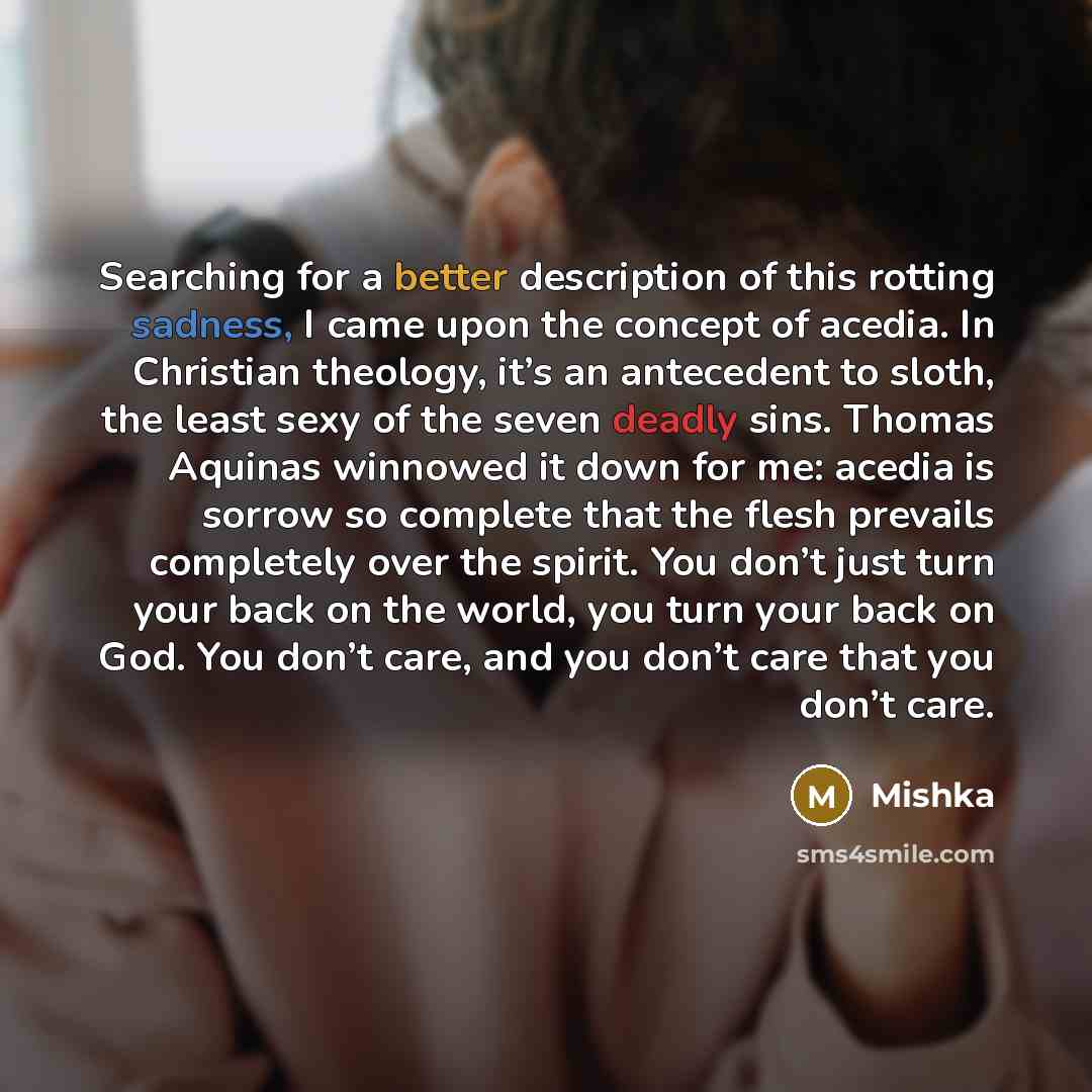 “Searching for a better description of this rotting sadness, I came upon the concept of acedia. In Christian theology, it’s an antecedent to sloth, the least sexy of the seven deadly sins. Thomas Aquinas winnowed it down for me: acedia is sorrow so complete that the flesh prevails completely over…” quote by Mishka