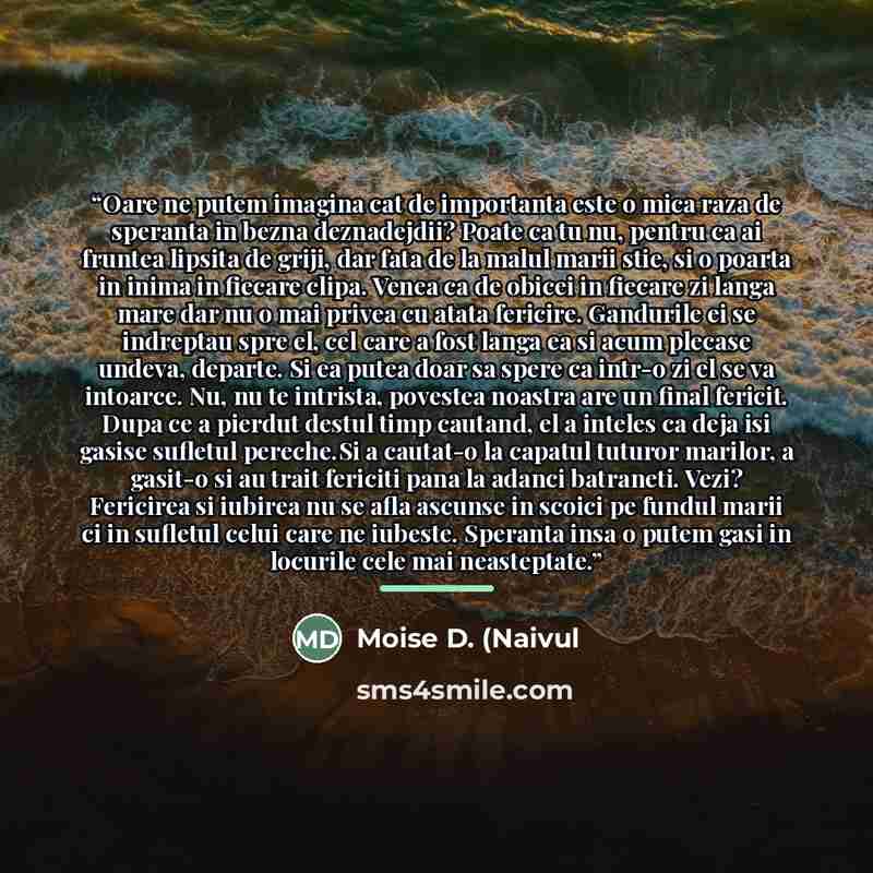 “Oare ne putem imagina cat de importanta este o mica raza de speranta in bezna deznadejdii? Poate ca tu nu, pentru ca ai fruntea lipsita de griji, dar fata de la malul marii stie, si o poarta in inima in fiecare clipa. Venea ca de obicei in fiecare zi langa mare dar nu o mai privea cu atata…” quote by Moise D. (Naivul