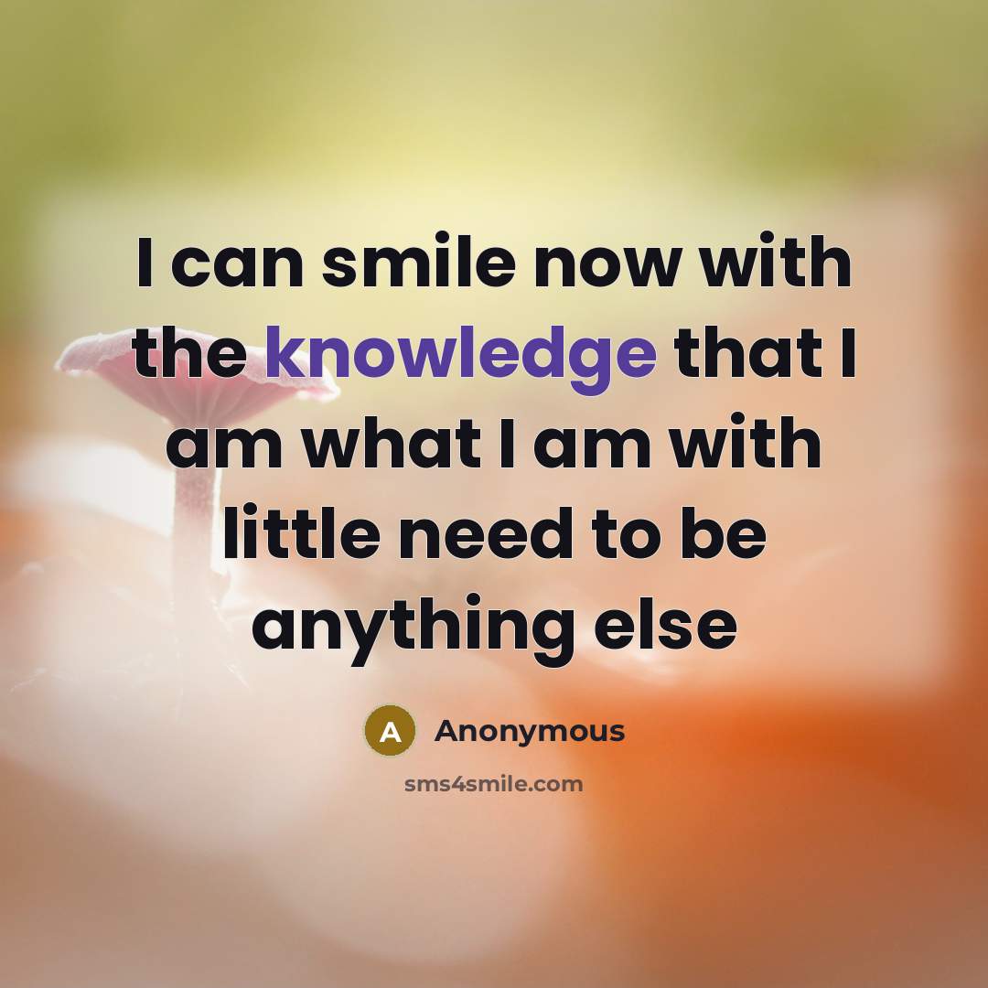 “I can smile now with the knowledge that I am what I am with little need to be anything else” quote by Anonymous
