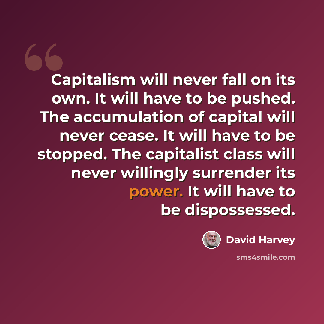 “Capitalism will never fall on its own. It will have to be pushed. The accumulation of capital will never cease. It will have to be stopped. The capitalist class will never willingly surrender its power. It will have to be dispossessed.” quote by David Harvey