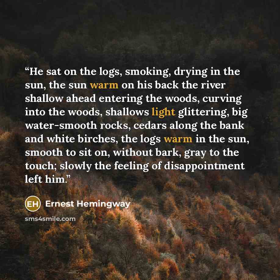 “He sat on the logs, smoking, drying in the sun, the sun warm on his back the river shallow ahead entering the woods, curving into the woods, shallows light glittering, big water-smooth rocks, cedars along the bank and white birches, the logs warm in the sun, smooth to sit on, without bark, gray to…” quote by Ernest Hemingway