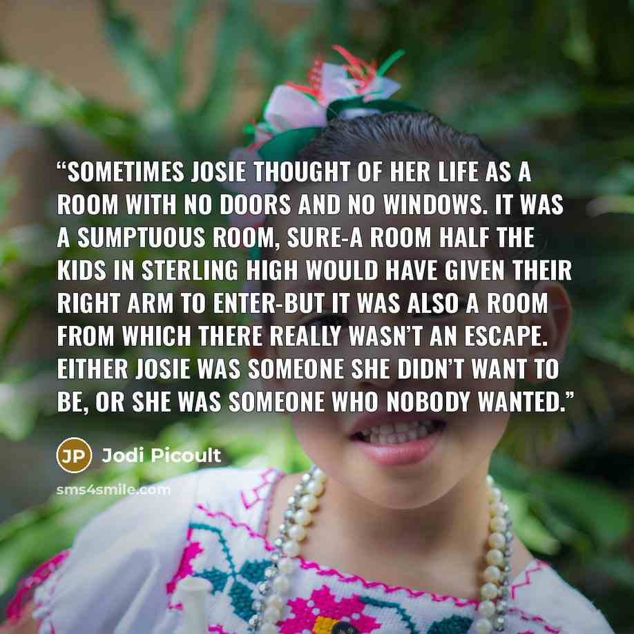 “Sometimes Josie thought of her life as a room with no doors and no windows. It was a sumptuous room, sure-a room half the kids in Sterling High would have given their right arm to enter-but it was also a room from which there really wasn’t an escape. Either Josie was someone she didn’t want to be…” quote by Jodi Picoult