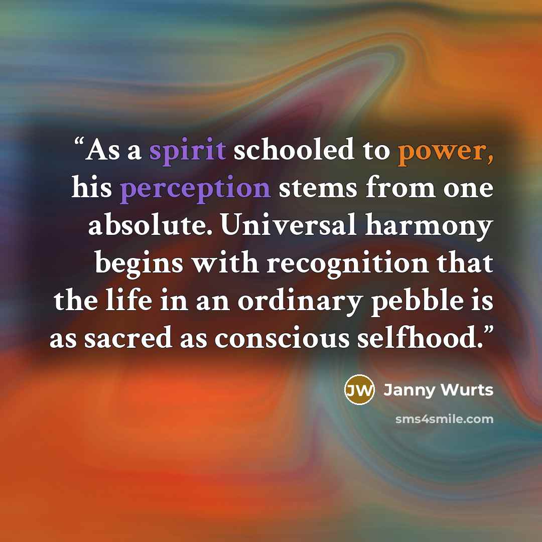“As a spirit schooled to power, his perception stems from one absolute. Universal harmony begins with recognition that the life in an ordinary pebble is as sacred as conscious selfhood.” quote by Janny Wurts