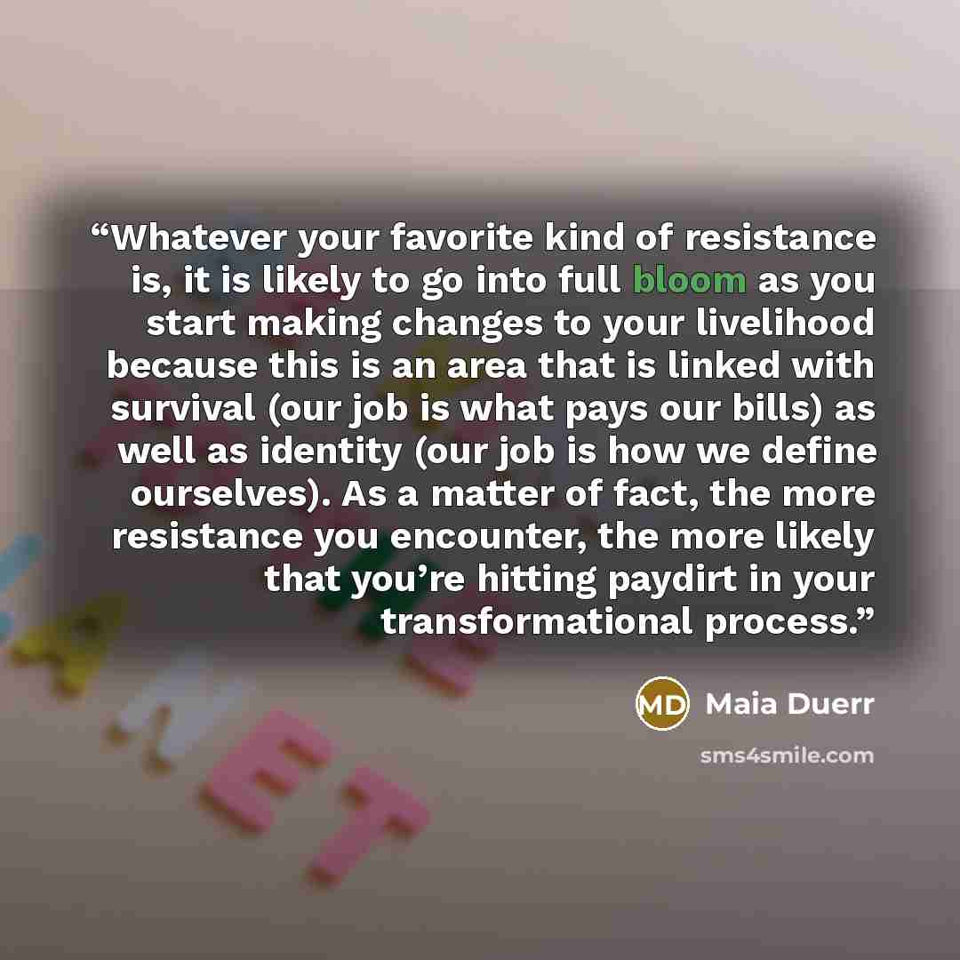 “Whatever your favorite kind of resistance is, it is likely to go into full bloom as you start making changes to your livelihood because this is an area that is linked with survival (our job is what pays our bills) as well as identity (our job is how we define ourselves). As a matter of fact, the…” quote by Maia Duerr