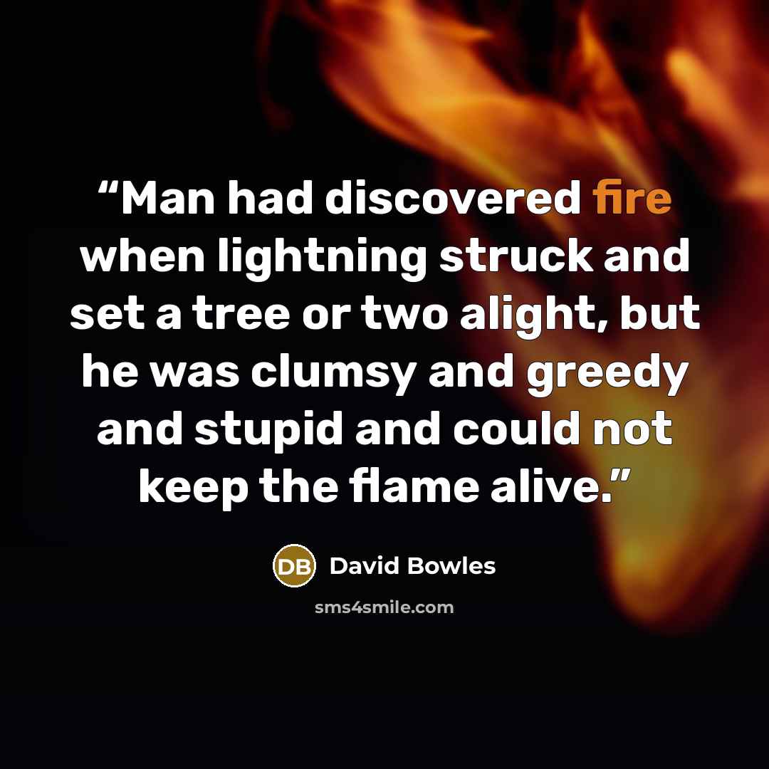 “Man had discovered fire when lightning struck and set a tree or two alight, but he was clumsy and greedy and stupid and could not keep the flame alive.” quote by David Bowles