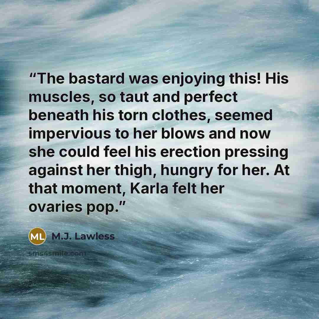 “The bastard was enjoying this! His muscles, so taut and perfect beneath his torn clothes, seemed impervious to her blows and now she could feel his erection pressing against her thigh, hungry for her. At that moment, Karla felt her ovaries pop.” quote by M.J. Lawless