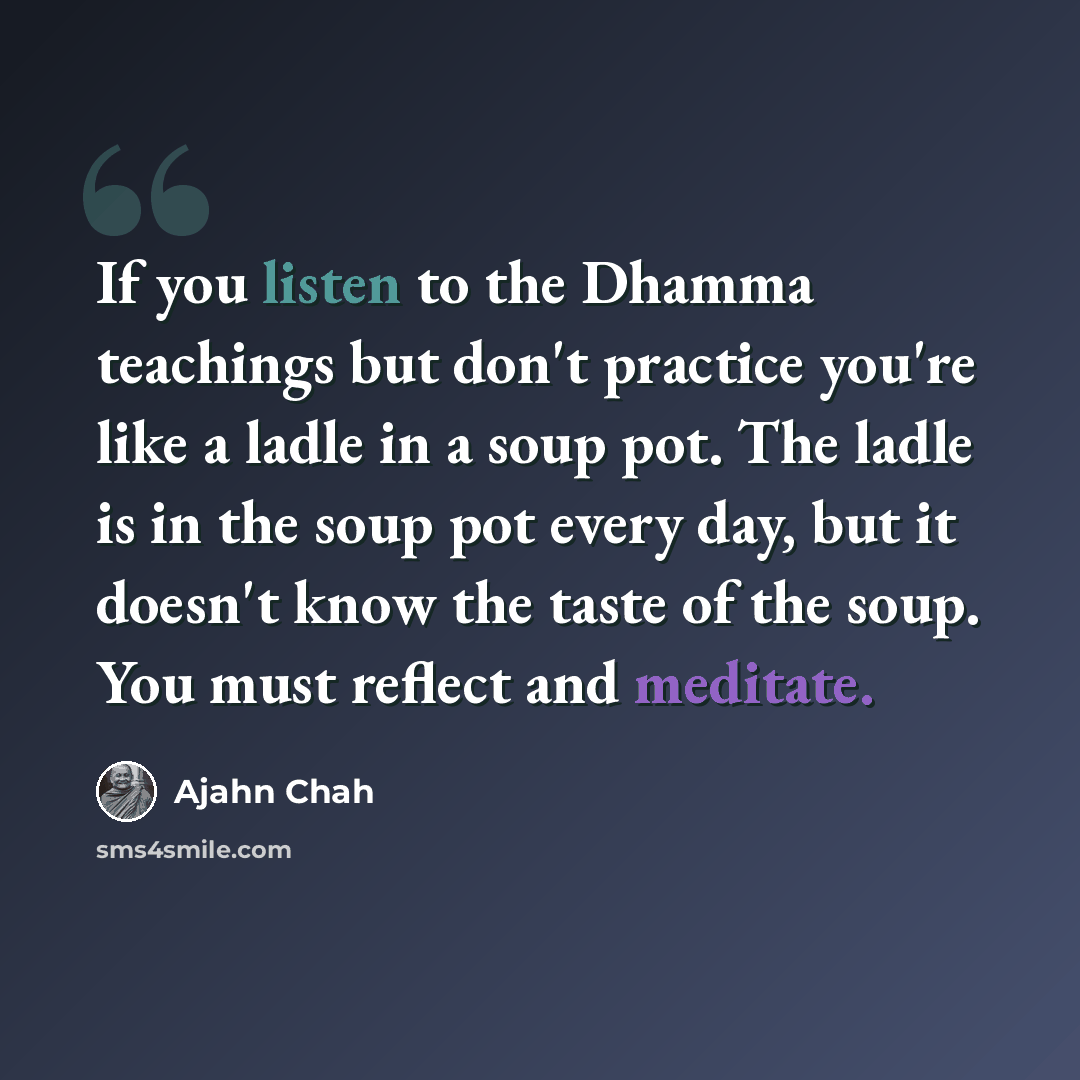 “If you listen to the Dhamma teachings but don't practice you're like a ladle in a soup pot. The ladle is in the soup pot every day, but it doesn't know the taste of the soup. You must reflect and meditate.” quote by Ajahn Chah