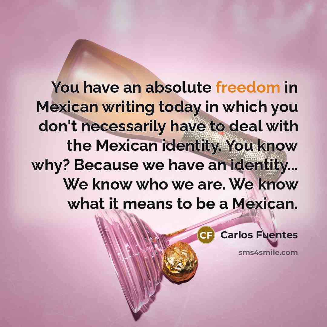 “You have an absolute freedom in Mexican writing today in which you don't necessarily have to deal with the Mexican identity. You know why? Because we have an identity... We know who we are. We know what it means to be a Mexican.” quote by Carlos Fuentes