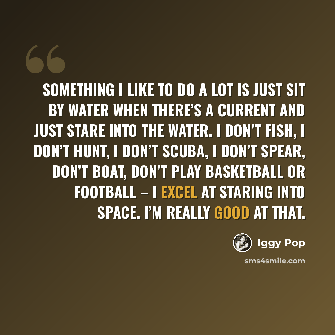 “Something I like to do a lot is just sit by water when there’s a current and just stare into the water. I don’t fish, I don’t hunt, I don’t scuba, I don’t spear, don’t boat, don’t play basketball or football – I excel at staring into space. I’m really good at that.” quote by Iggy Pop