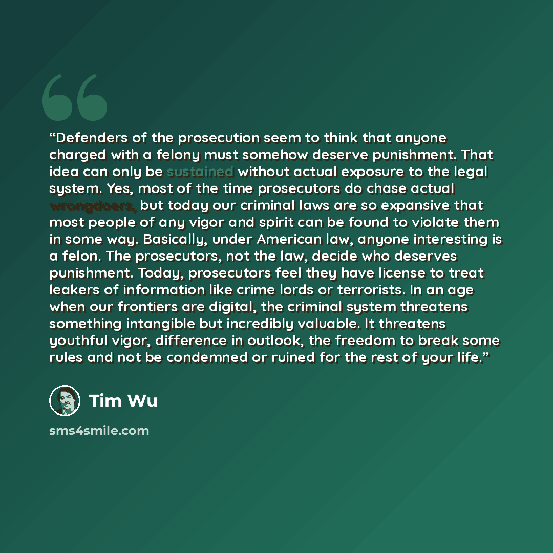 “Defenders of the prosecution seem to think that anyone charged with a felony must somehow deserve punishment. That idea can only be sustained without actual exposure to the legal system. Yes, most of the time prosecutors do chase actual wrongdoers, but today our criminal laws are so expansive that…” quote by Tim Wu