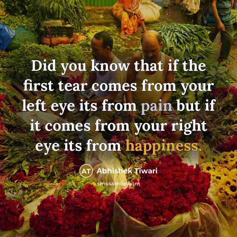 “Did you know that if the first tear comes from your left eye its from pain but if it comes from your right eye its from happiness.” quote by Abhishek Tiwari