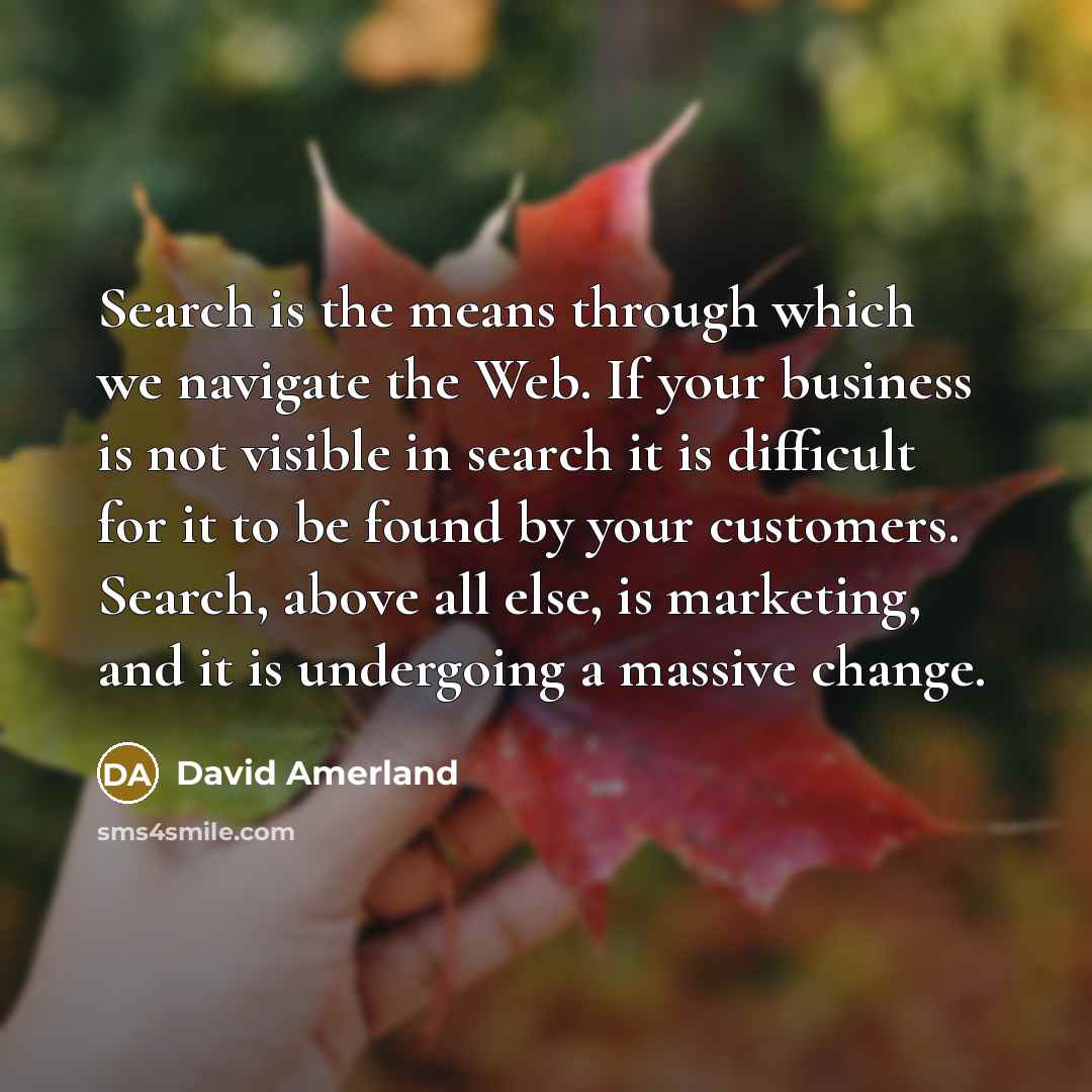 “Search is the means through which we navigate the Web. If your business is not visible in search it is difficult for it to be found by your customers. Search, above all else, is marketing, and it is undergoing a massive change.” quote by David Amerland