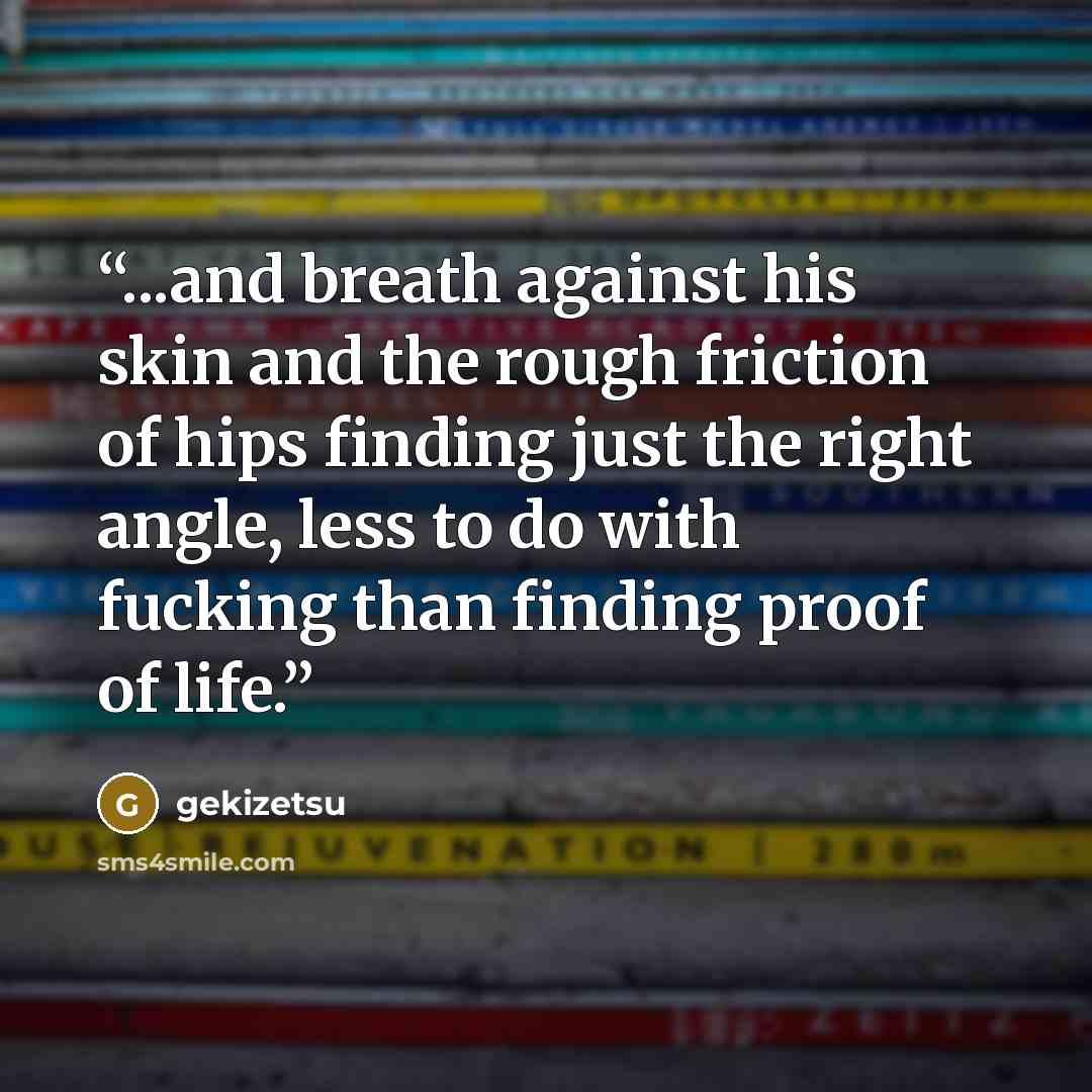 “...and breath against his skin and the rough friction of hips finding just the right angle, less to do with fucking than finding proof of life.” quote by gekizetsu