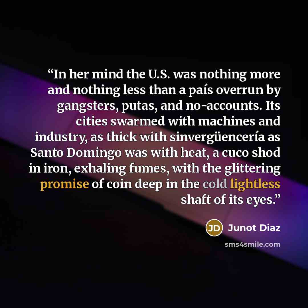 “In her mind the U.S. was nothing more and nothing less than a país overrun by gangsters, putas, and no-accounts. Its cities swarmed with machines and industry, as thick with sinvergüencería as Santo Domingo was with heat, a cuco shod in iron, exhaling fumes, with the glittering promise of coin…” quote by Junot Díaz