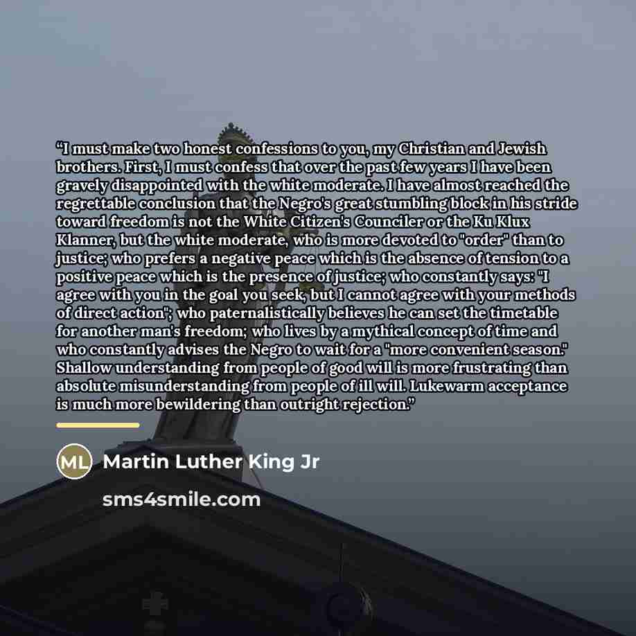“I must make two honest confessions to you, my Christian and Jewish brothers. First, I must confess that over the past few years I have been gravely disappointed with the white moderate. I have almost reached the regrettable conclusion that the Negro's great stumbling block in his stride toward…” quote by Martin Luther King Jr