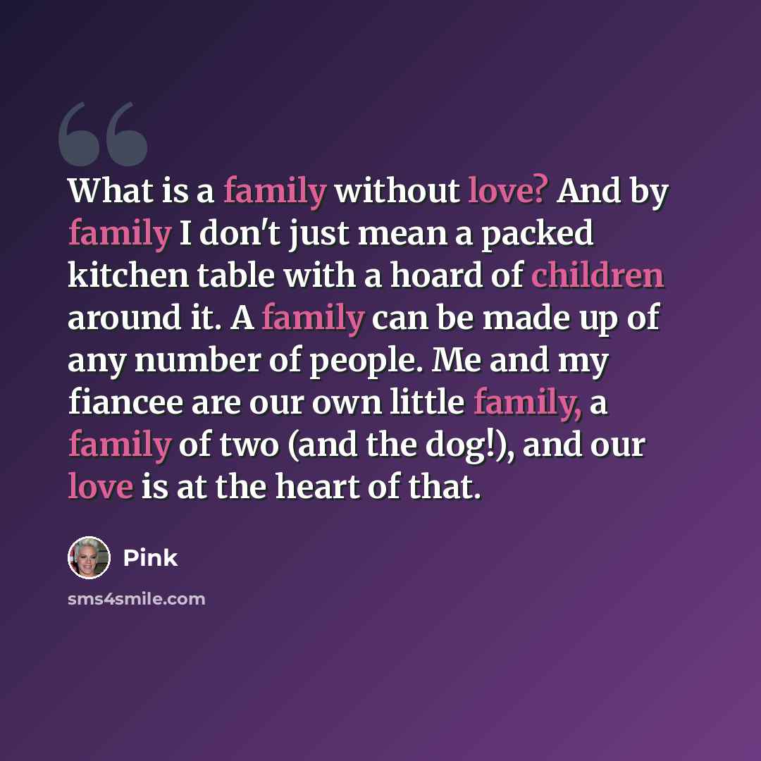 “What is a family without love? And by family I don't just mean a packed kitchen table with a hoard of children around it. A family can be made up of any number of people. Me and my fiancee are our own little family, a family of two (and the dog!), and our love is at the heart of that.” quote by Pink