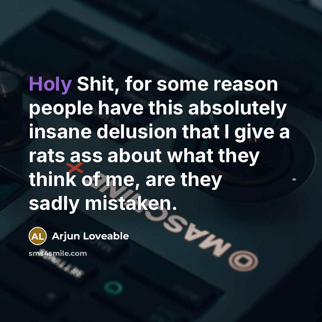 “Holy Shit, for some reason people have this absolutely insane delusion that I give a rats ass about what they think of me, are they sadly mistaken.” quote by Arjun Loveable