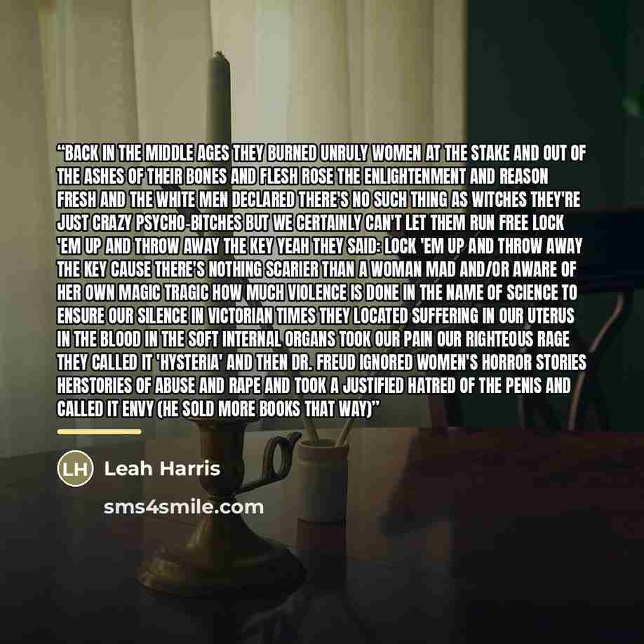 “back in the middle ages they burned unruly women at the stake and out of the ashes of their bones and flesh rose the Enlightenment and Reason fresh and the white men declared there's no such thing as witches they're just crazy psycho-bitches but we certainly can't let them run free lock 'em up and…” quote by Leah Harris