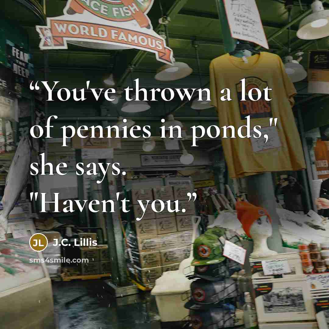 “You've thrown a lot of pennies in ponds," she says. "Haven't you.” quote by J.C. Lillis