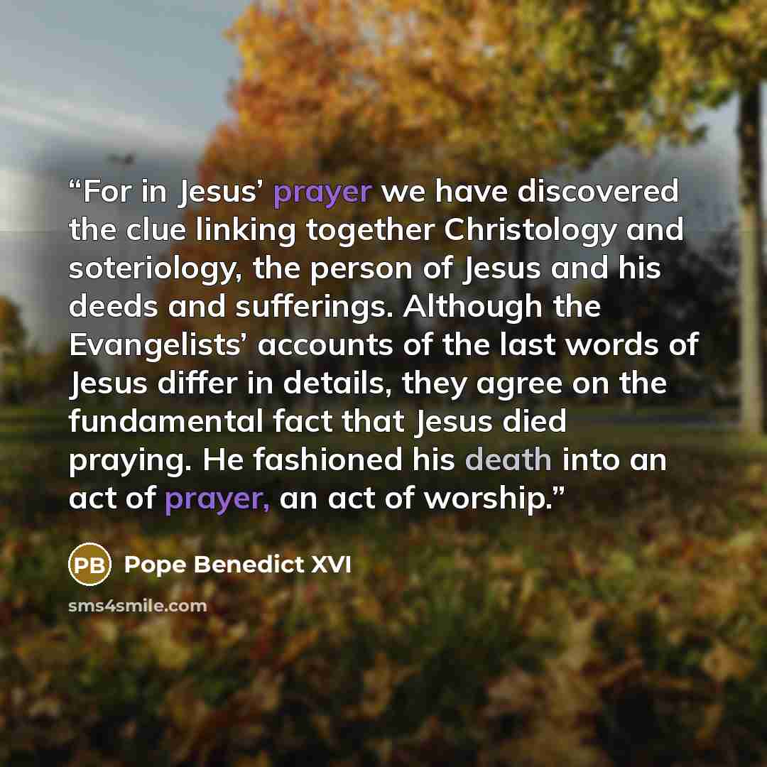 “For in Jesus’ prayer we have discovered the clue linking together Christology and soteriology, the person of Jesus and his deeds and sufferings. Although the Evangelists’ accounts of the last words of Jesus differ in details, they agree on the fundamental fact that Jesus died praying. He fashioned…” quote by Pope Benedict XVI