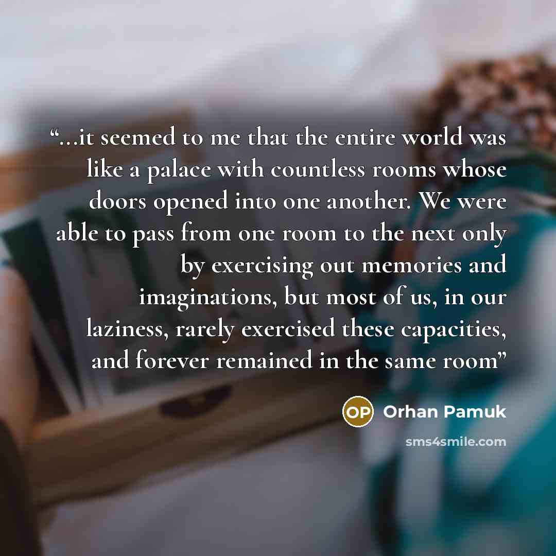 “...it seemed to me that the entire world was like a palace with countless rooms whose doors opened into one another. We were able to pass from one room to the next only by exercising out memories and imaginations, but most of us, in our laziness, rarely exercised these capacities, and forever…” quote by Orhan Pamuk