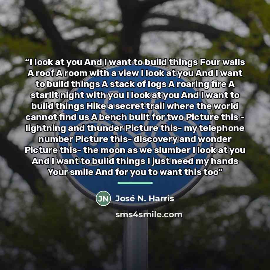 “I look at you And I want to build things Four walls A roof A room with a view I look at you And I want to build things A stack of logs A roaring fire A starlit night with you I look at you And I want to build things Hike a secret trail where the world cannot find us A bench built for two Picture…” quote by José N. Harris