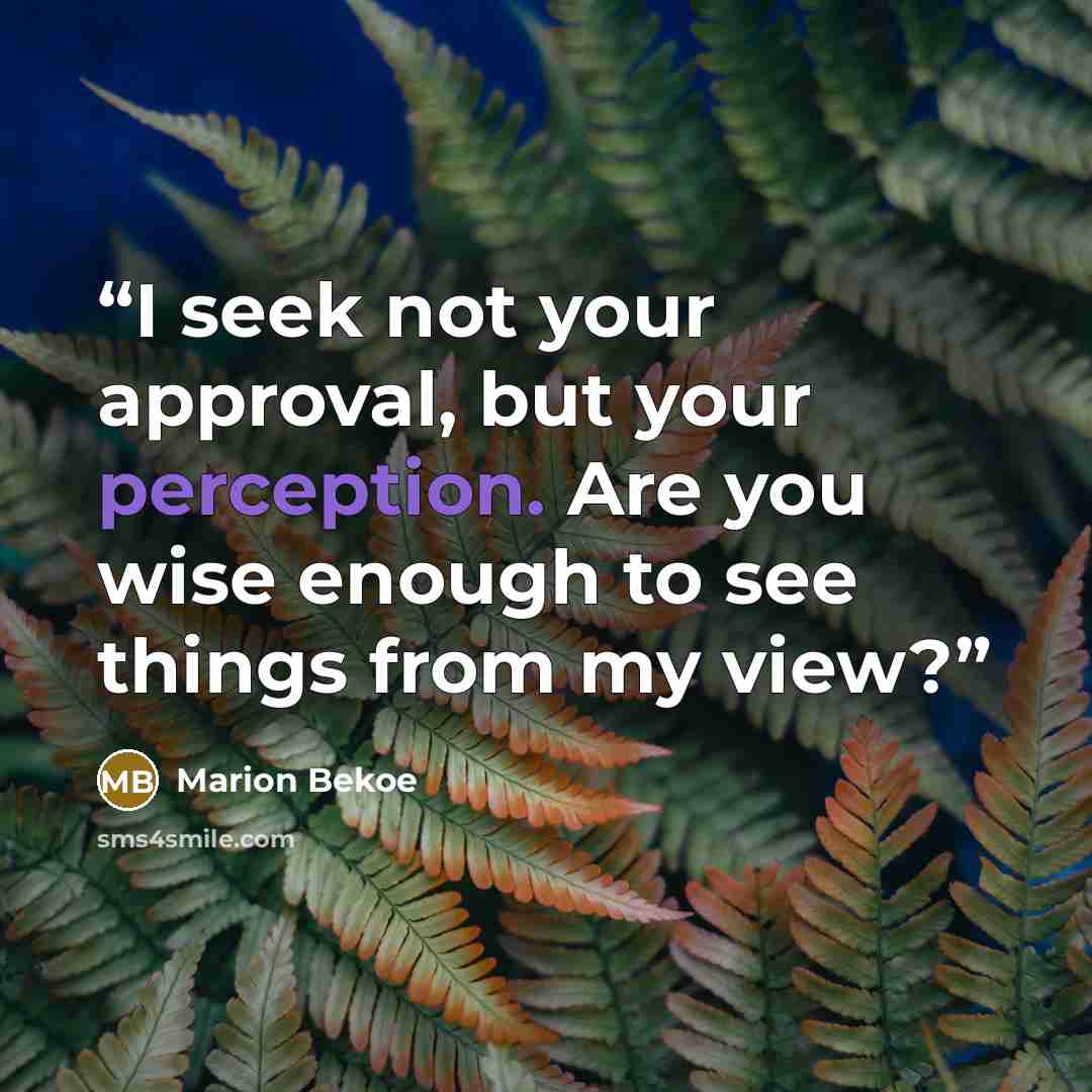 “I seek not your approval, but your perception. Are you wise enough to see things from my view?” quote by Marion Bekoe