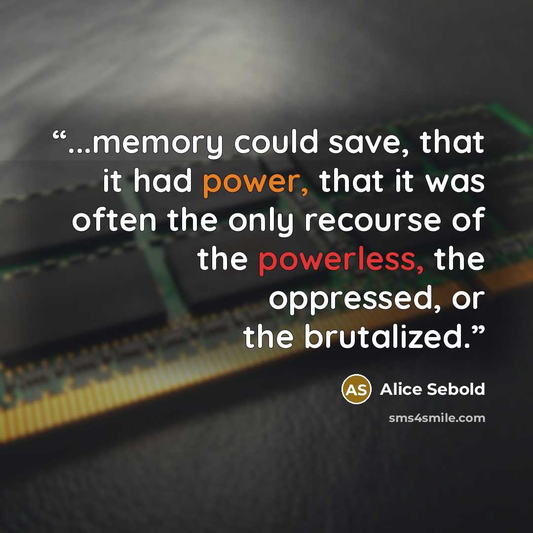 “...memory could save, that it had power, that it was often the only recourse of the powerless, the oppressed, or the brutalized.” quote by Alice Sebold