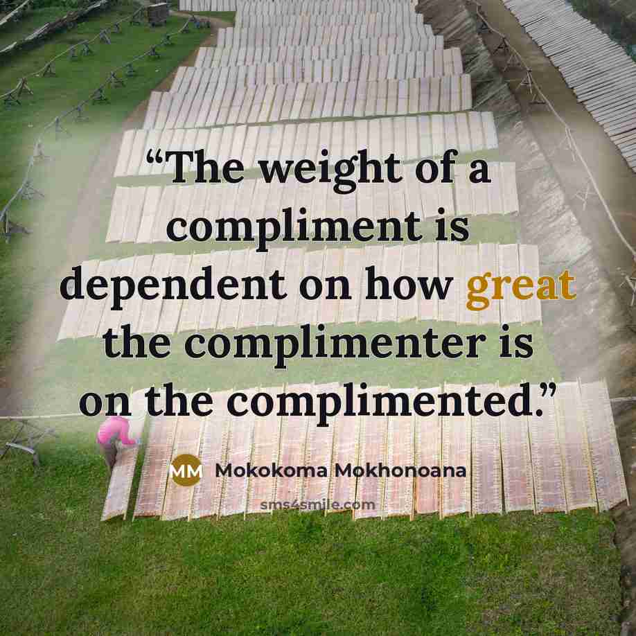 “The weight of a compliment is dependent on how great the complimenter is on the complimented.” quote by Mokokoma Mokhonoana