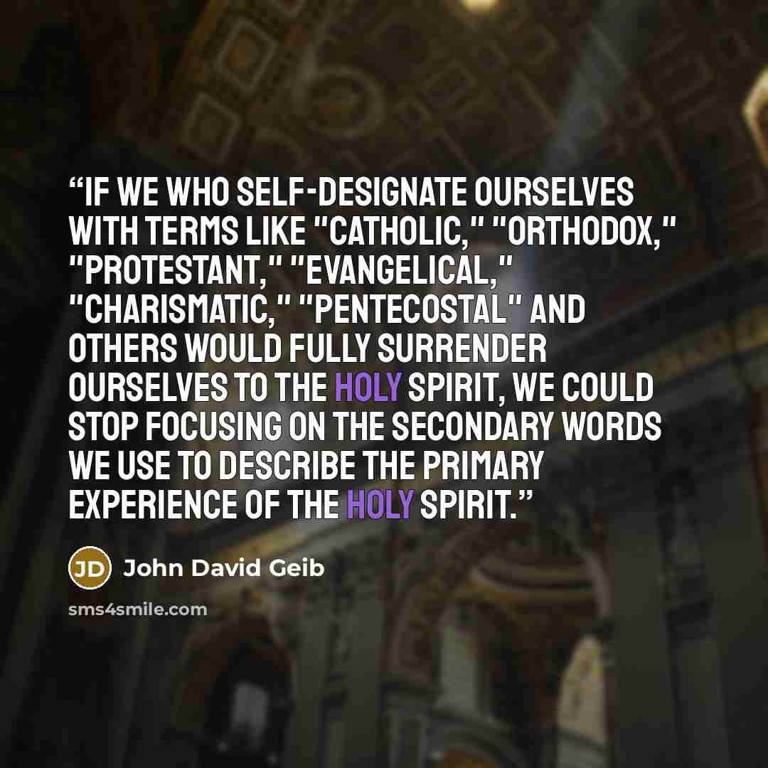“If we who self-designate ourselves with terms like "Catholic," "Orthodox," "Protestant," "Evangelical," "Charismatic," "Pentecostal" and others would fully surrender ourselves to The Holy Spirit, we could stop focusing on the secondary words we use to describe the primary experience of The Holy…” quote by John David Geib