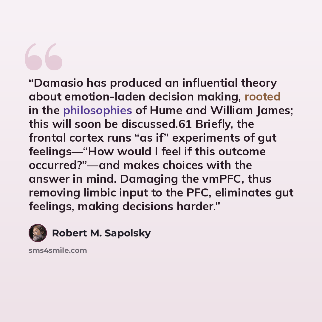 “Damasio has produced an influential theory about emotion-laden decision making, rooted in the philosophies of Hume and William James; this will soon be discussed.61 Briefly, the frontal cortex runs “as if” experiments of gut feelings—“How would I feel if this outcome occurred?”—and makes choices…” quote by Robert M. Sapolsky