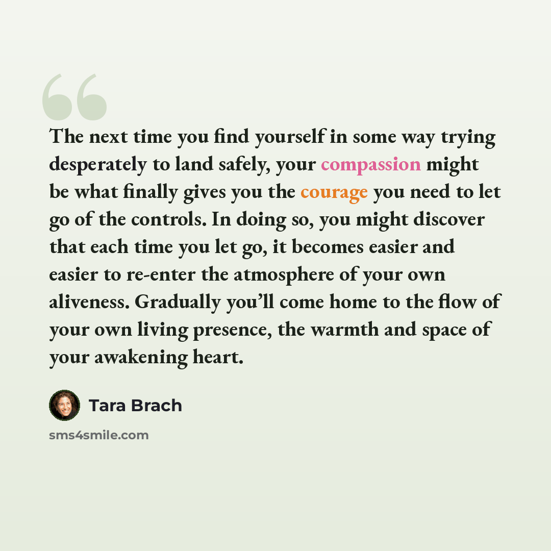 “The next time you find yourself in some way trying desperately to land safely, your compassion might be what finally gives you the courage you need to let go of the controls. In doing so, you might discover that each time you let go, it becomes easier and easier to re-enter the atmosphere of your…” quote by Tara Brach