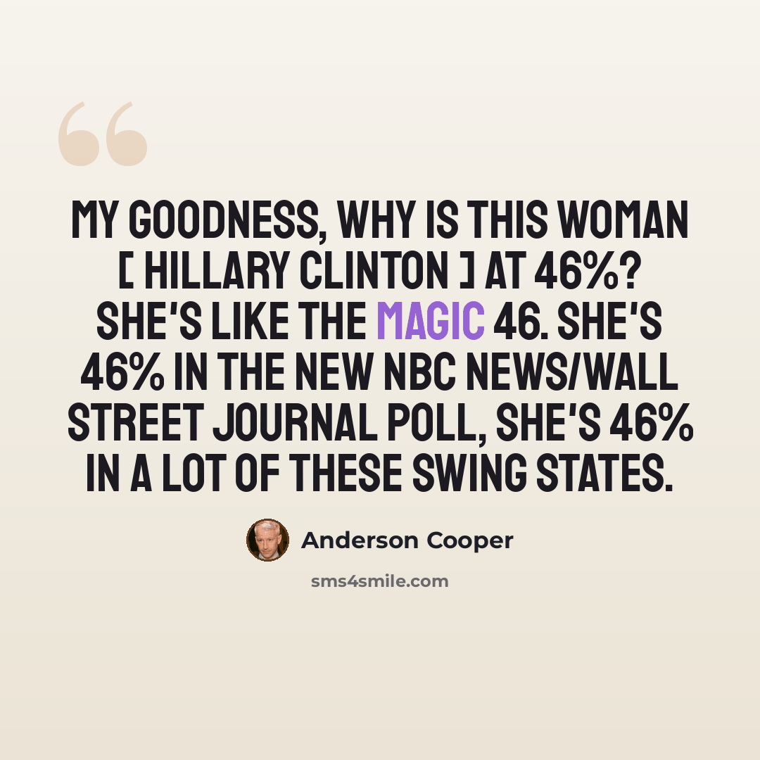 “My goodness, why is this woman [ Hillary Clinton ] at 46%? She's like the magic 46. She's 46% in the new NBC News/Wall Street Journal poll, she's 46% in a lot of these swing states.” quote by Anderson Cooper
