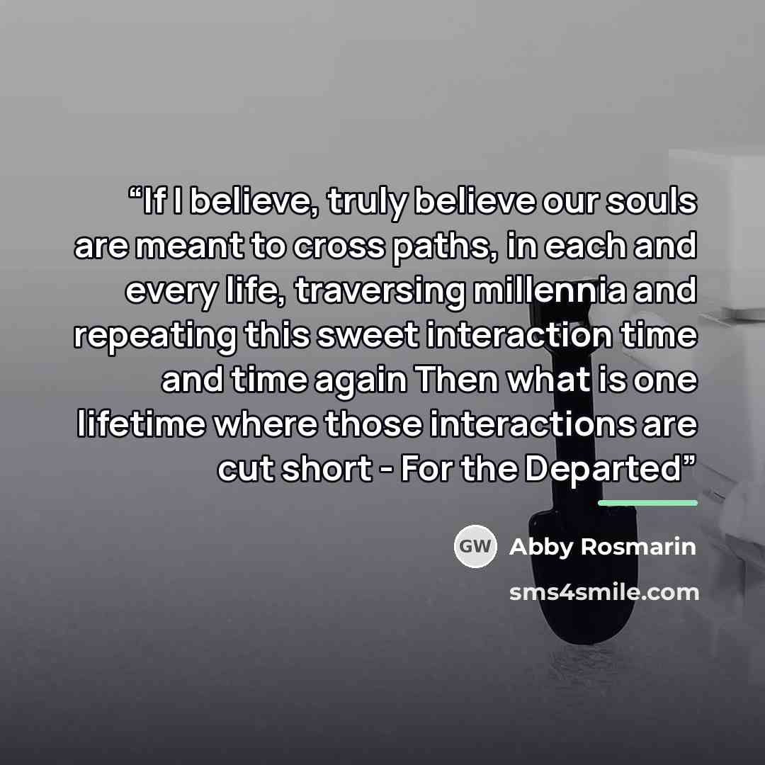 “If I believe, truly believe our souls are meant to cross paths, in each and every life, traversing millennia and repeating this sweet interaction time and time again Then what is one lifetime where those interactions are cut short - For the Departed” quote by Abby Rosmarin