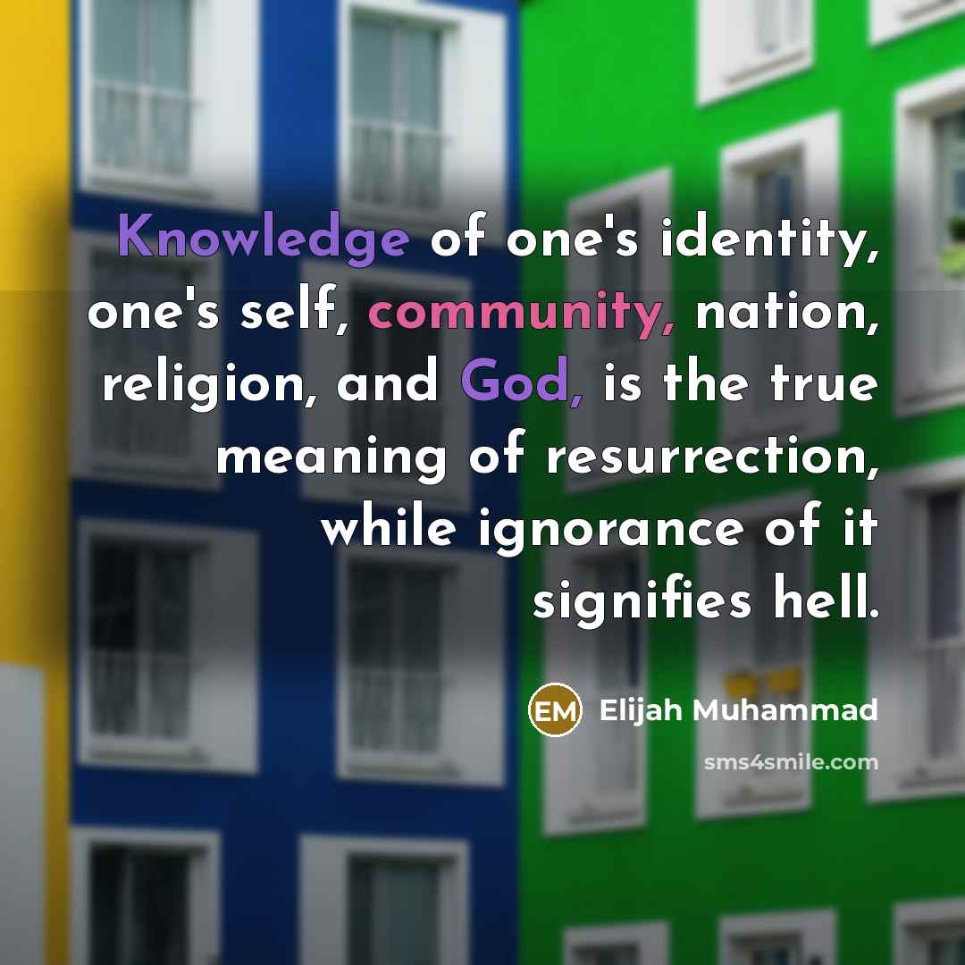 “Knowledge of one's identity, one's self, community, nation, religion, and God, is the true meaning of resurrection, while ignorance of it signifies hell.” quote by Elijah Muhammad