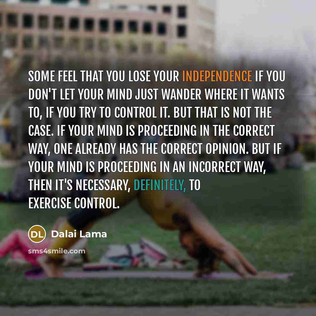 “Some feel that you lose your independence if you don't let your mind just wander where it wants to, if you try to control it. But that is not the case. If your mind is proceeding in the correct way, one already has the correct opinion. But if your mind is proceeding in an incorrect way, then it's…” quote by Dalai Lama