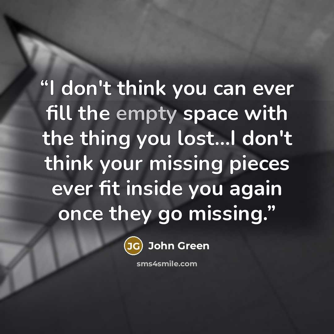 “I don't think you can ever fill the empty space with the thing you lost…I don't think your missing pieces ever fit inside you again once they go missing.” quote by John Green