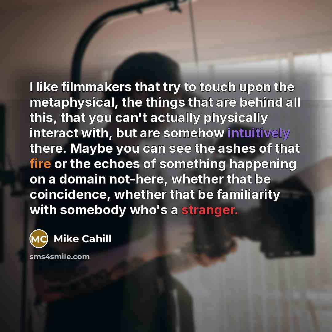 “I like filmmakers that try to touch upon the metaphysical, the things that are behind all this, that you can't actually physically interact with, but are somehow intuitively there. Maybe you can see the ashes of that fire or the echoes of something happening on a domain not-here, whether that be…” quote by Mike Cahill