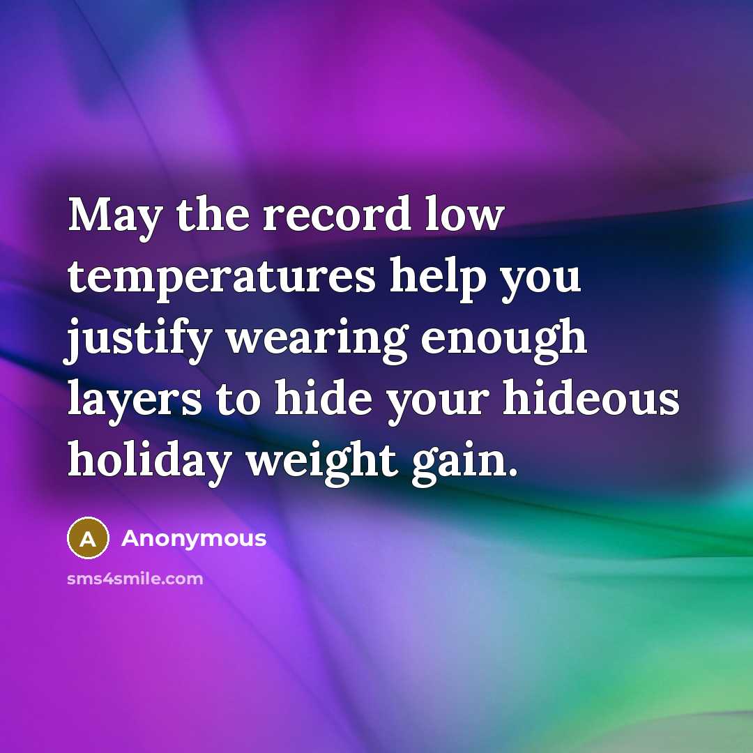“May the record low temperatures help you justify wearing enough layers to hide your hideous holiday weight gain.” quote by Anonymous