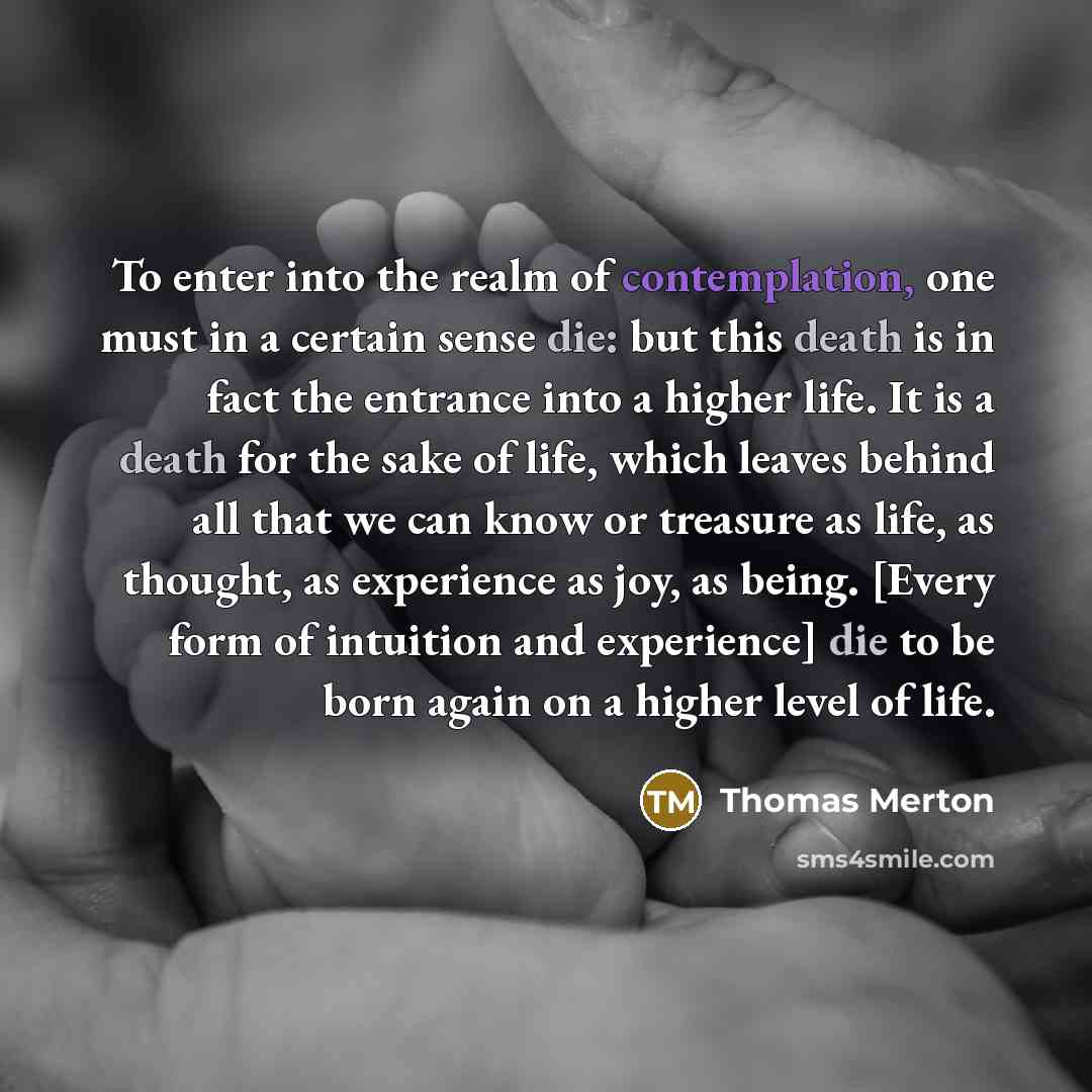 “To enter into the realm of contemplation, one must in a certain sense die: but this death is in fact the entrance into a higher life. It is a death for the sake of life, which leaves behind all that we can know or treasure as life, as thought, as experience as joy, as being. [Every form of…” quote by Thomas Merton