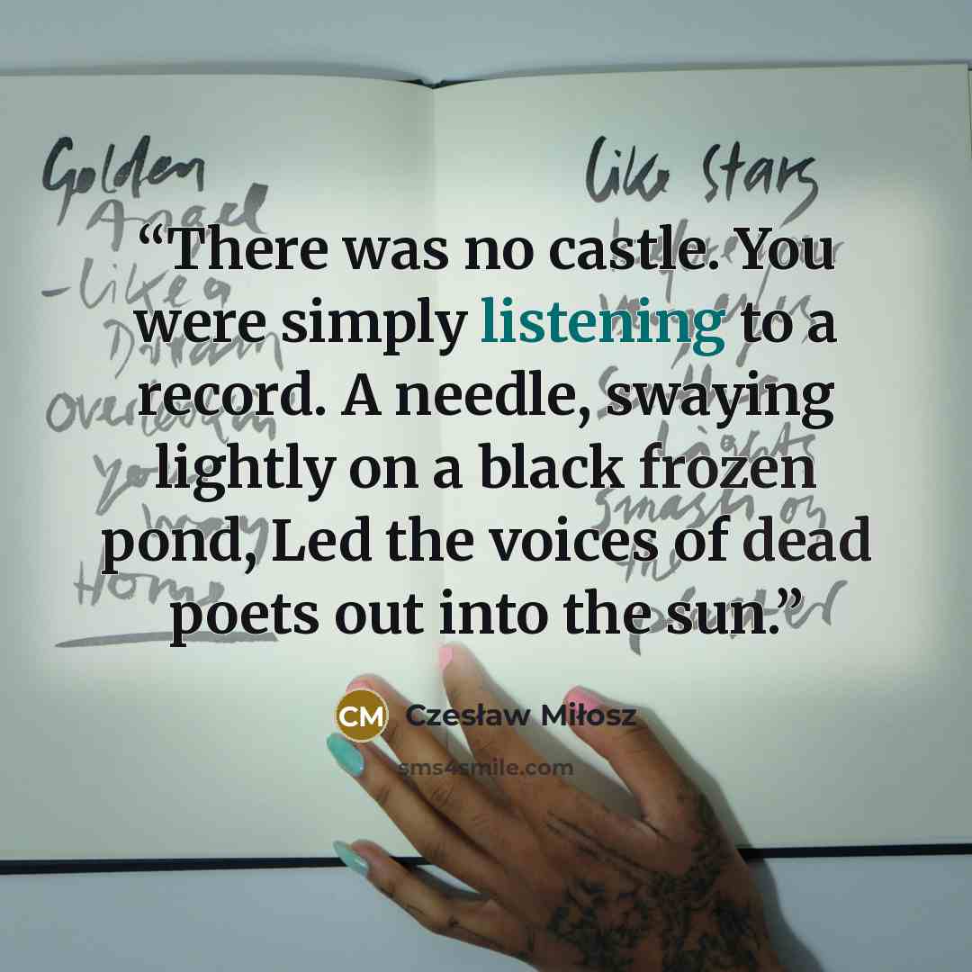 “There was no castle. You were simply listening to a record. A needle, swaying lightly on a black frozen pond, Led the voices of dead poets out into the sun.” quote by Czesław Miłosz
