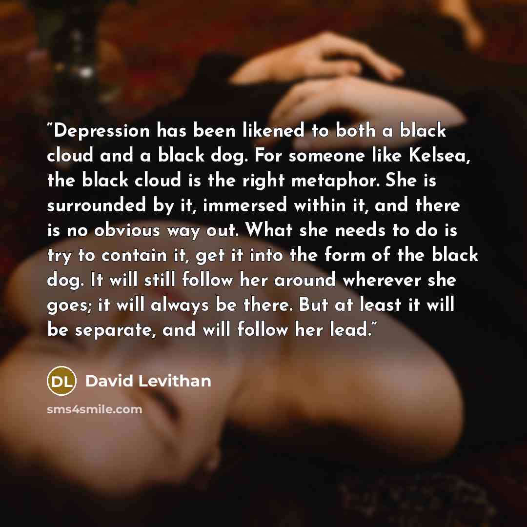 “Depression has been likened to both a black cloud and a black dog. For someone like Kelsea, the black cloud is the right metaphor. She is surrounded by it, immersed within it, and there is no obvious way out. What she needs to do is try to contain it, get it into the form of the black dog. It will…” quote by David Levithan