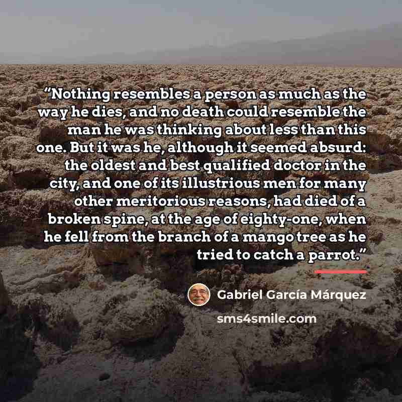 “Nothing resembles a person as much as the way he dies, and no death could resemble the man he was thinking about less than this one. But it was he, although it seemed absurd: the oldest and best qualified doctor in the city, and one of its illustrious men for many other meritorious reasons, had…” quote by Gabriel García Márquez