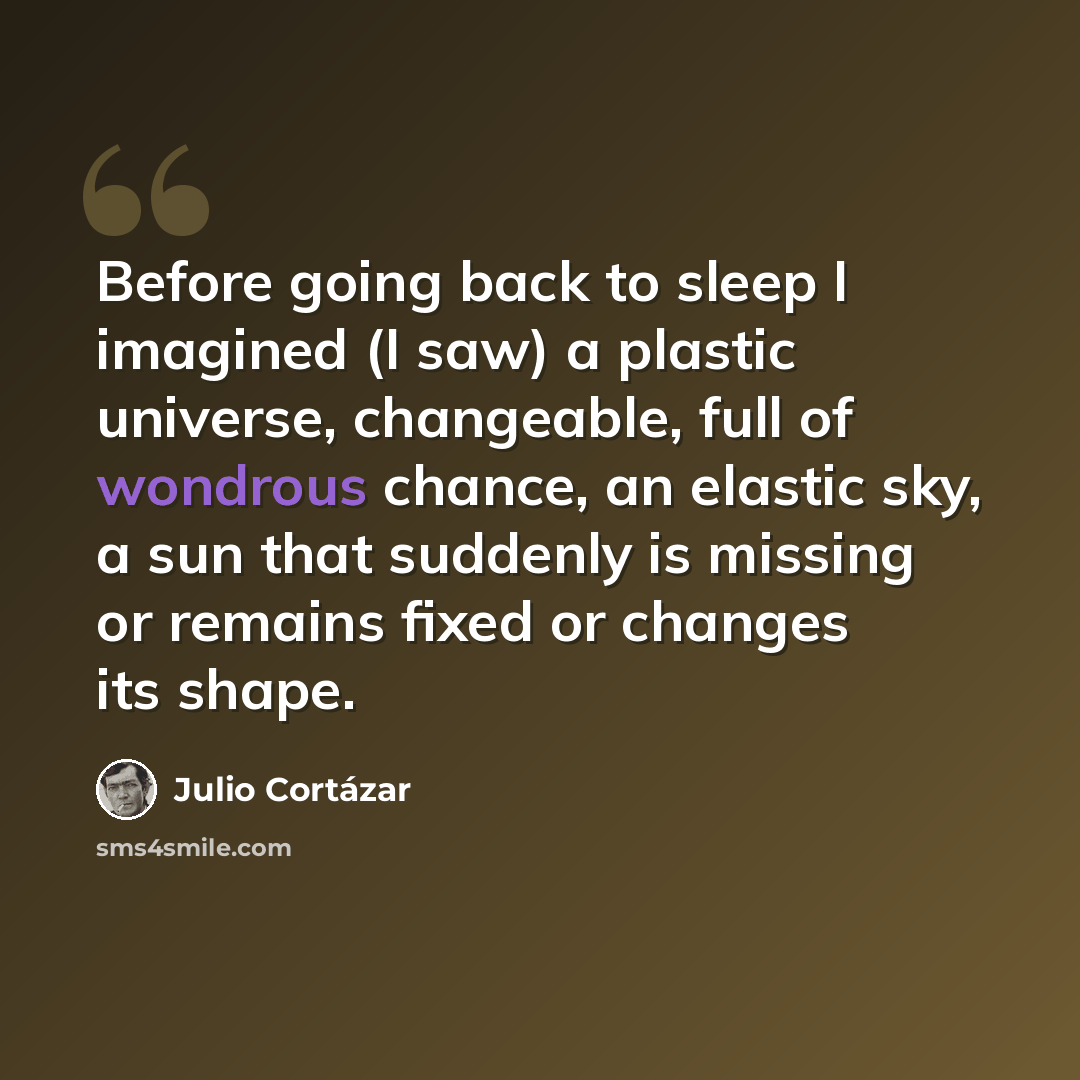 “Before going back to sleep I imagined (I saw) a plastic universe, changeable, full of wondrous chance, an elastic sky, a sun that suddenly is missing or remains fixed or changes its shape.” quote by Julio Cortazar