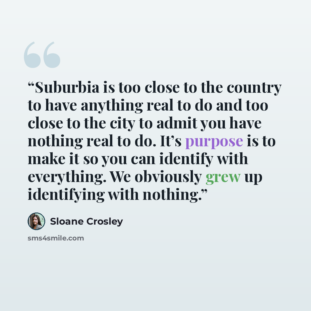 “Suburbia is too close to the country to have anything real to do and too close to the city to admit you have nothing real to do. It’s purpose is to make it so you can identify with everything. We obviously grew up identifying with nothing.” quote by Sloane Crosley