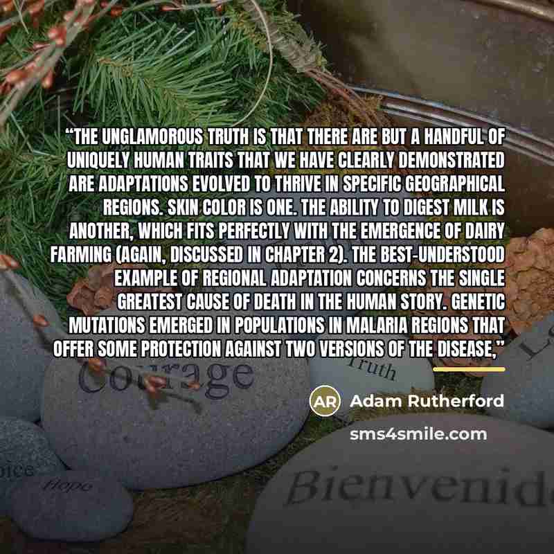 “The unglamorous truth is that there are but a handful of uniquely human traits that we have clearly demonstrated are adaptations evolved to thrive in specific geographical regions. Skin color is one. The ability to digest milk is another, which fits perfectly with the emergence of dairy farming…” quote by Adam Rutherford