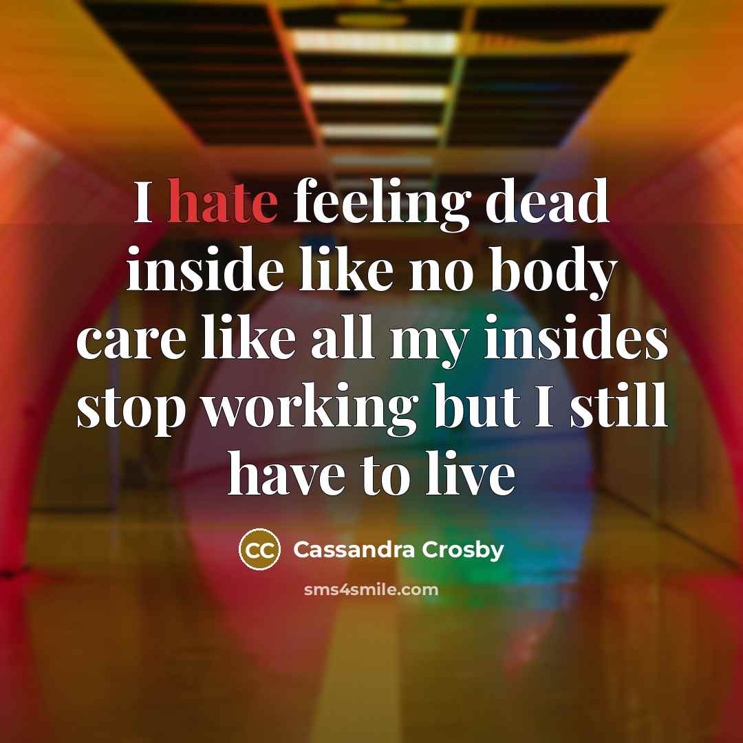 “I hate feeling dead inside like no body care like all my insides stop working but I still have to live” quote by Cassandra Crosby