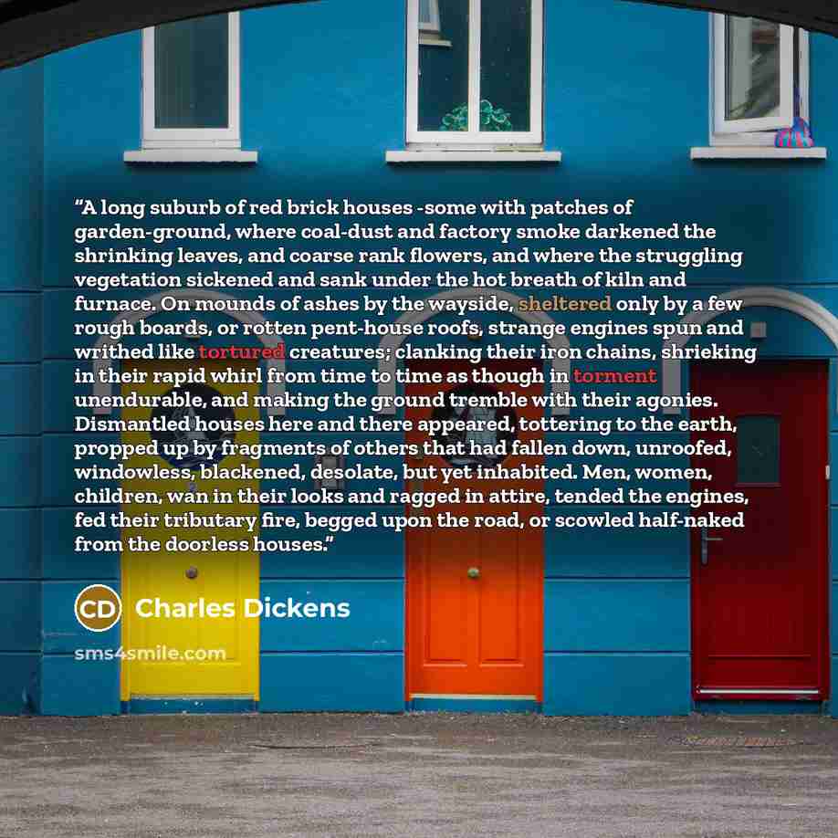 “A long suburb of red brick houses -some with patches of garden-ground, where coal-dust and factory smoke darkened the shrinking leaves, and coarse rank flowers, and where the struggling vegetation sickened and sank under the hot breath of kiln and furnace. On mounds of ashes by the wayside…” quote by Charles Dickens
